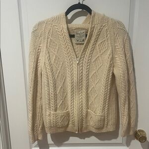 ☘️VTG Irish Mary Smith Women's Ivory Fisherman Cable Knit Hoodie Sweater Zip-up